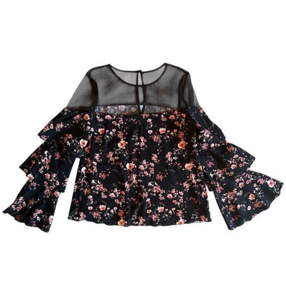 Whimsigoth tiered bell sleeves mesh neck keyhole closure cherry red floral sz S